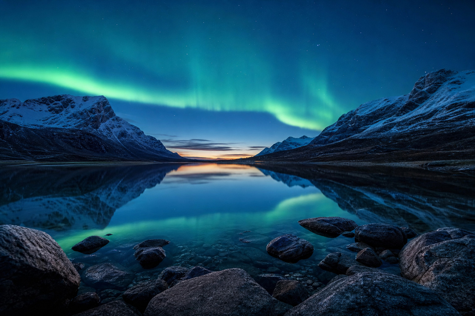 Aurora over a mountain lake