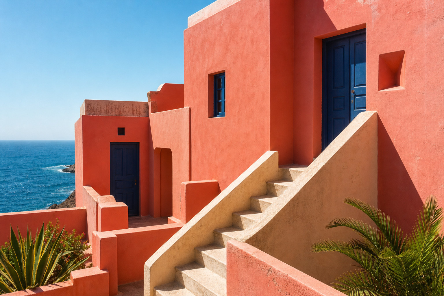 Coral coastal architecture with blue doors