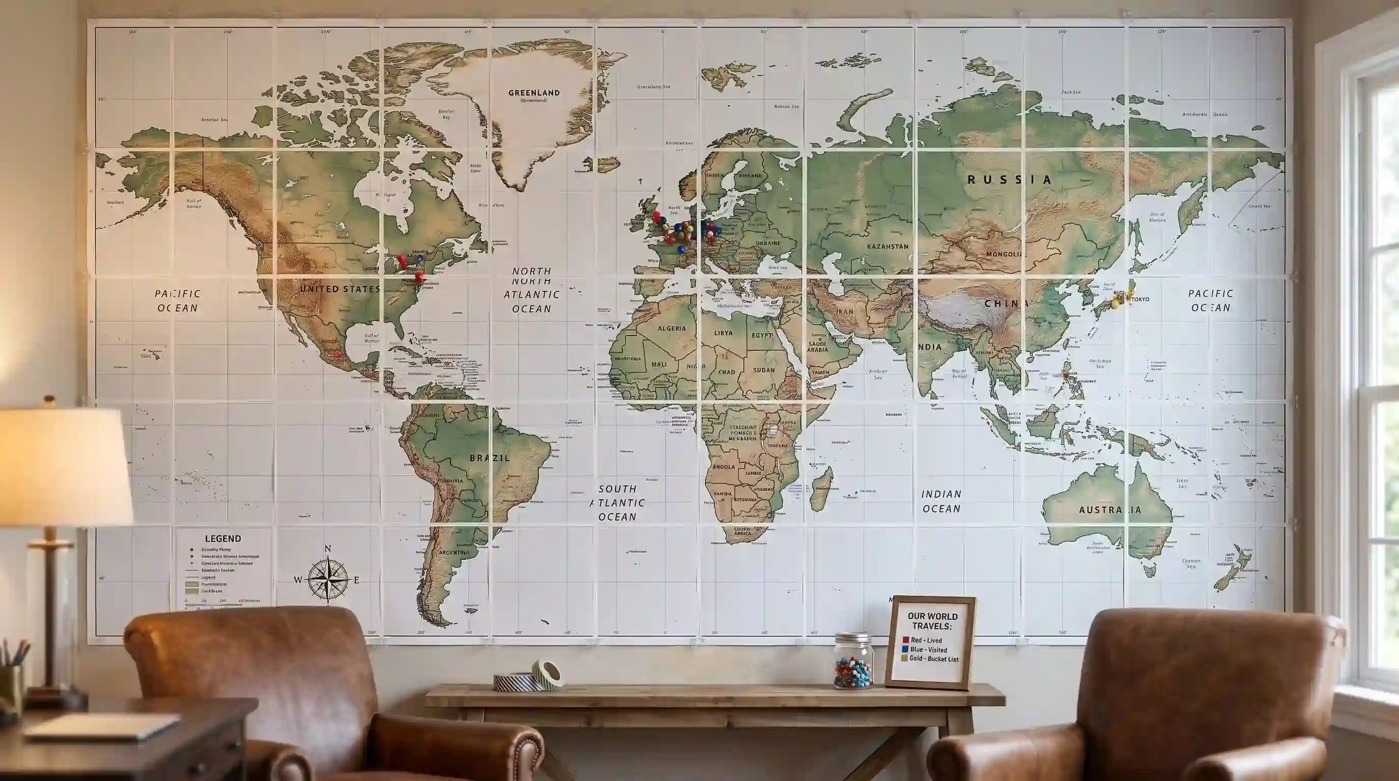 World map printed across a grid of sheets, covering a living-room wall above a console table, with pins marking visited countries