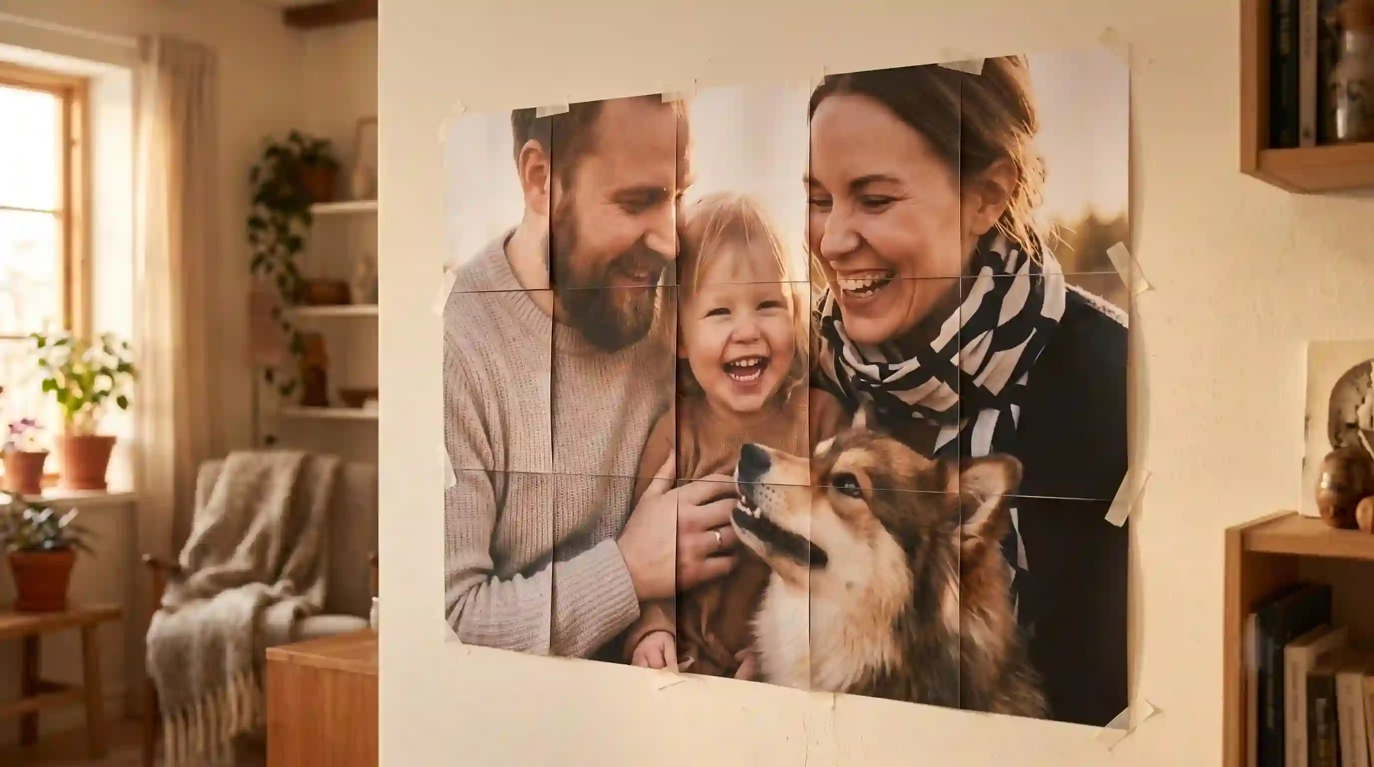 Family photograph printed across a grid of sheets and taped to a living-room wall